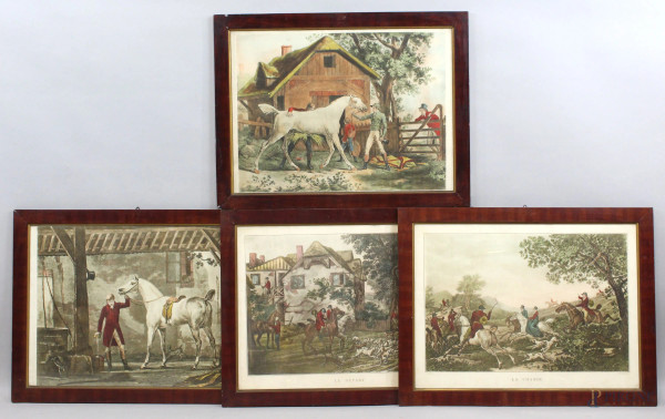 Lotto di quattro stampe a colori raffiguranti cavalli con fantini e scene di caccia, misure max cm 48x65, XIX secolo, entro cornici, (difetti).