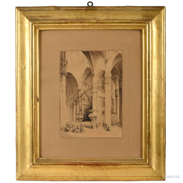 Interno di chiesa, acquerello su carta, cm 34x24 entro cornice, firmato e datato 1845 in basso a destra