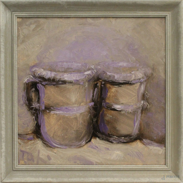 Marisa Tafi - Vasellame, dipinto olio su tela, cm. 40x40, entro cornice.