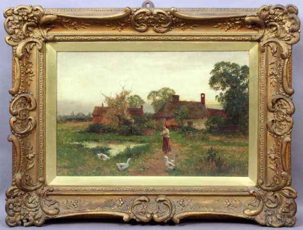 Ernest Charles  Walbourn - Paesaggio con contadina e papere, olio su tela, cm. 40,5x61,5, datato 1900, entro cornice.