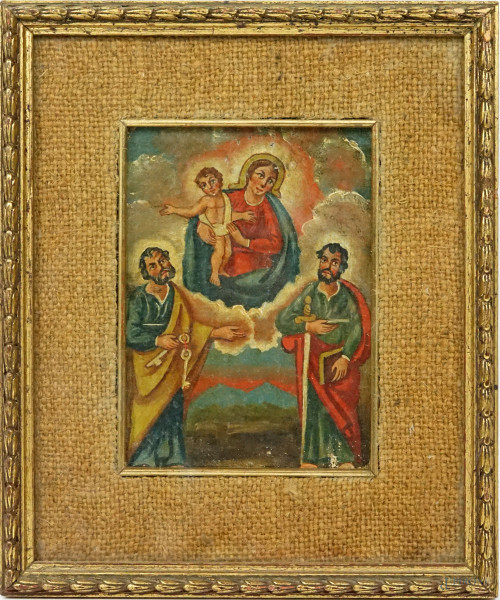Pittore del XIX secolo, Madonna con Bambino con i SS.Pietro e Paolo, olio su tela applicata su cartoncino, cm 15x10,5 circa, entro cornice, (difetti sulla tela)