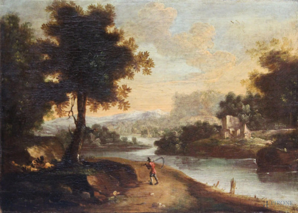 Paesaggio fluviale, olio su tela, 34x46 cm,inizi XIX sec.
