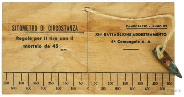 Sitometro di circostanza - Regole per il tiro con il mortaio da 45 mm, Campobasso Anno XX, tavoletta in legno, cm 8x15