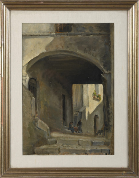 Sotto l'arco, XX secolo, olio su compensato, cm 59x44, siglato in basso a destra, entro cornice