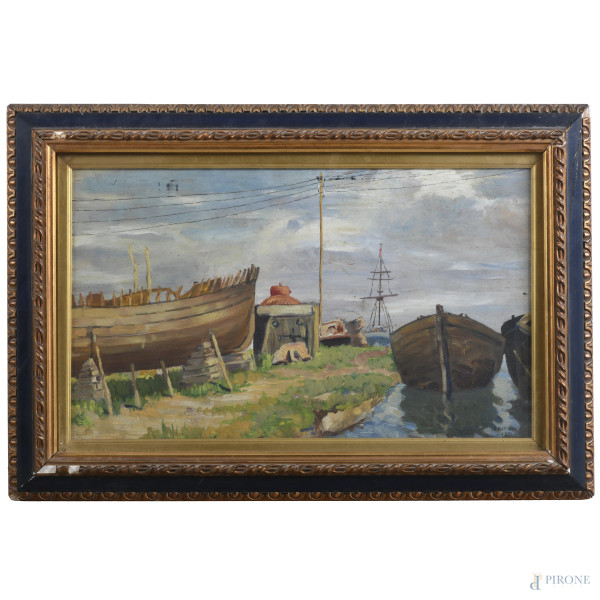 Porticciolo con barche, XX secolo, olio su tavoletta, cm 29x49, firmato in basso a destra, entro cornice, (segni di usura, lievi sollevamenti di colore)
