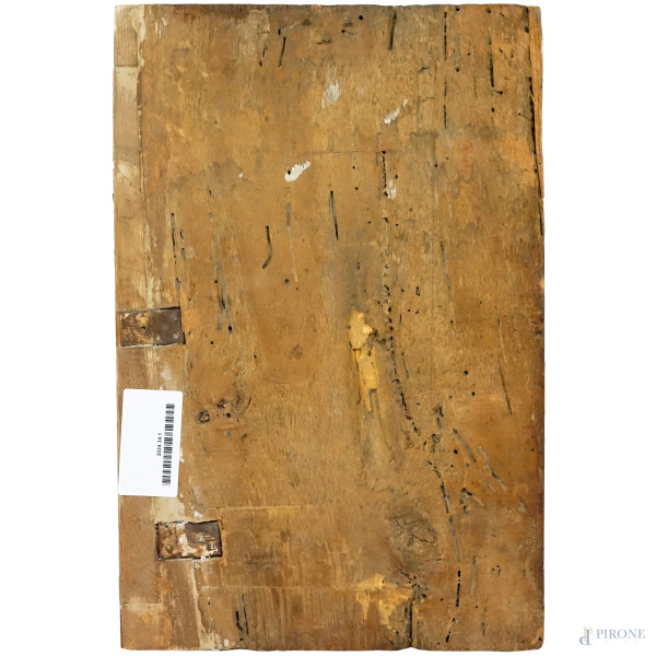 Pittore italiano del XVI secolo, Sacra famiglia, olio su tavola, cm 34,5x23, (difetti e restauri)...