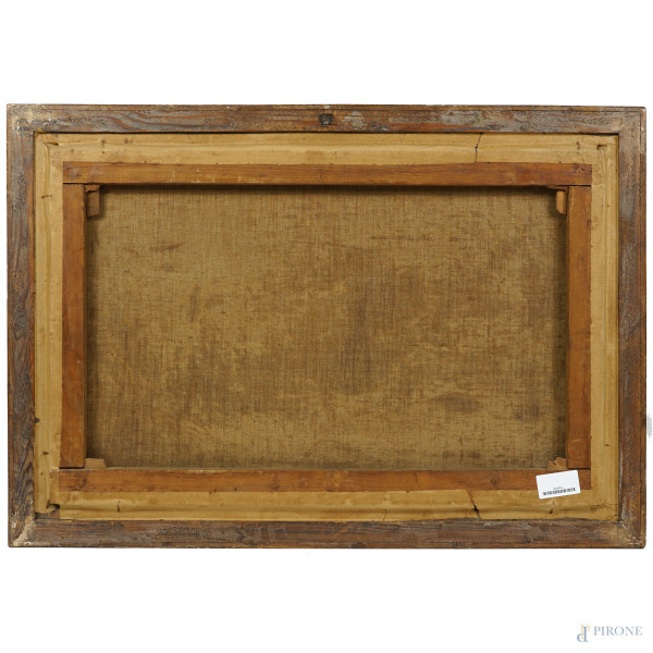 Paesaggio boschivo, XIX-XX secolo, olio su tela, cm 48,5x75,5, firmato in basso a sinistra