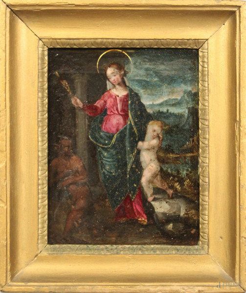 Madonna con Bambino, olio su rame 23x17 cm, XVII sec, entro cornice.