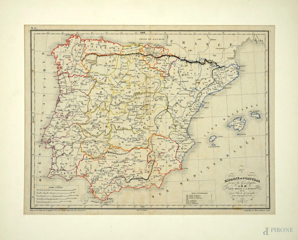 Spagna e Portogallo, cartina geografica del 1840, cm 44x57, (difetti sulla carta)