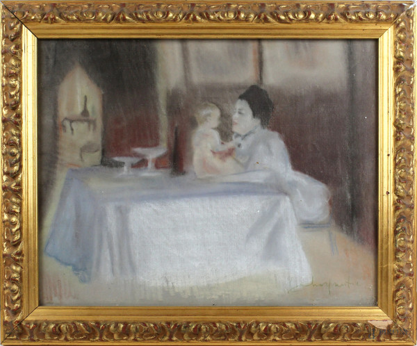 Maternità, pastello su cartoncino, cm 30,5x38,5, firmato, entro cornice