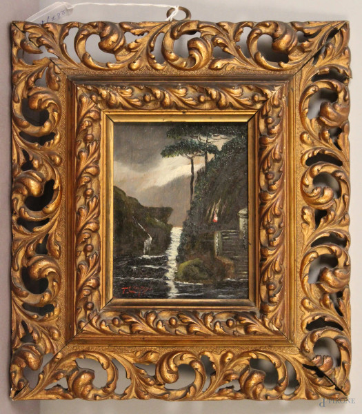Paesaggio con alberi e cascata, olio su tavola, 17x13 cm, entro cornice intagliata e dorata, XIX sec.