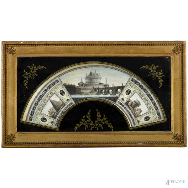 Pergamena dipinta con fregio ad arco raffigurante Castel Sant'Angelo, cm 24x50, entro cornice con vetro dipinto nero e oro, (difetti)