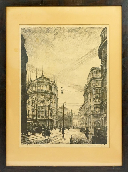 Vito Lombardi - Via del Tritone a Roma1927, stampa su carta, cm 58,5x43, entro cornice