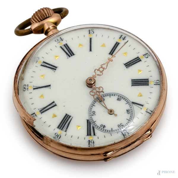 Orologio da tasca Remontoir Cylindre 10 Rubis in oro 12 kt, cm 4, peso lordo gr 40 (da revisionare)