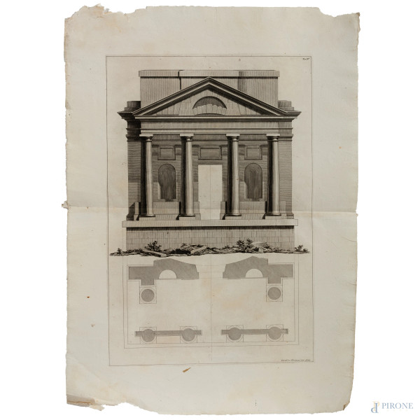 Giovanni Battista Piranesi  (1720-1778), Acquaforte, I stato dalla serie "Architetture",  foglio cm 78,5x56, segni di piegatura, tracce di usura, strappi ai margini)