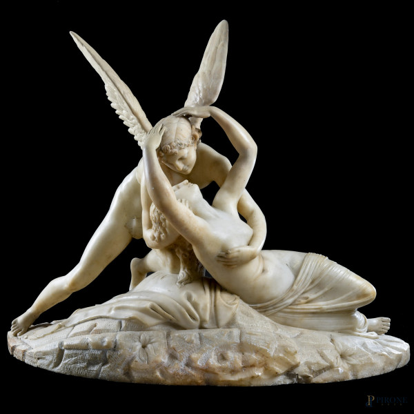 Amore e Psiche, XIX secolo, scultura in alabastro, cm 49x78x39, ali removibili, (scalfiture, graffi)
