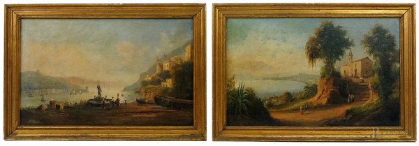Scuola napoletana del XIX secolo, Veduta di Ischia e del Golfo di Napoli, cm 39x65, entro cornici
