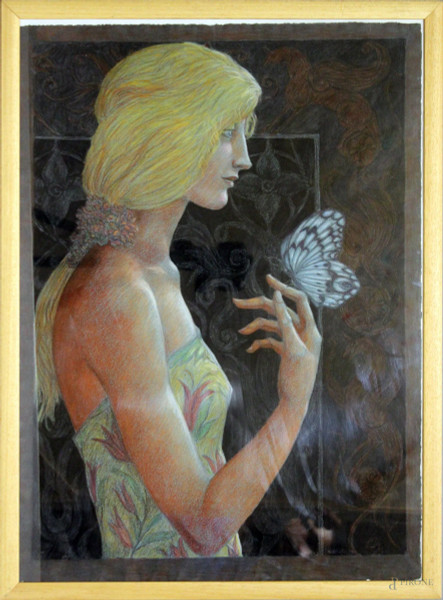 Alberto Abate - La fanciulla con la farfalla, pastello su carta, cm. 50x70, entro cornice.