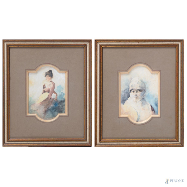 Coppia di stampe ritoccate raffiguranti figure femminili, XX secolo, cm 29,5x23,5 compreso passepartout, entro cornice, (lievi segni di usura, foxing, tracce di umidità)