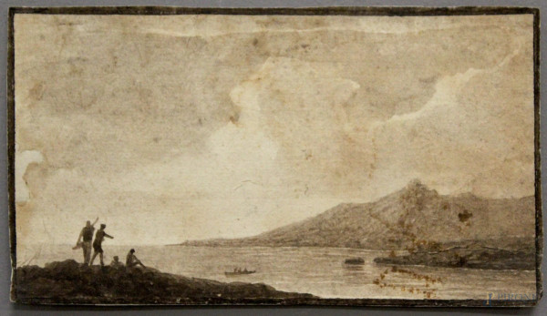 Costa con pescatori, acquarello su carta, 10x18 cm, XIX sec.