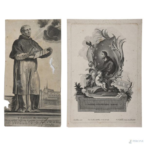 Lotto di due incisioni raffiguranti S. Joannes Nepomucenus Martyr e V. P. Joannes Rusbrochius, XIX secolo,  misure massime cm 27,5x19, (strappi, lacerazioni, mancanze, gore, foxing)