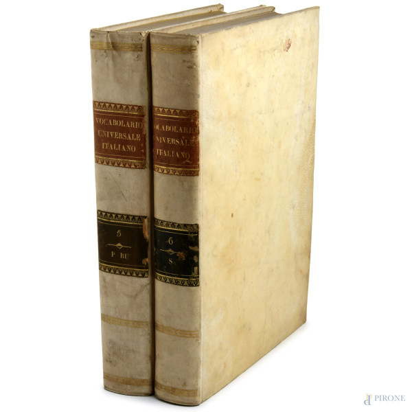 Vocabolario Universale Italiano Compilato a ura della Società Tipografica Tramater & C. vol V e VI, 1835, (gore, umidità, difetti)