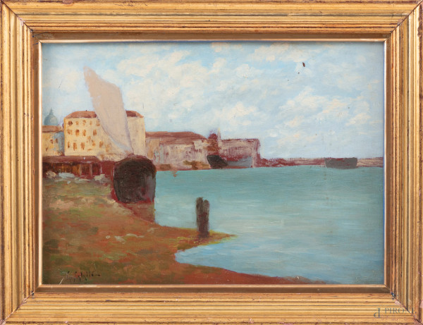 Giovanni Salviati (1881-1951), Costa con case e imbarcazione, olio su tavola, cm 23x32, firmato in basso a sinistra, entro cornice, (lievi segni di usura)