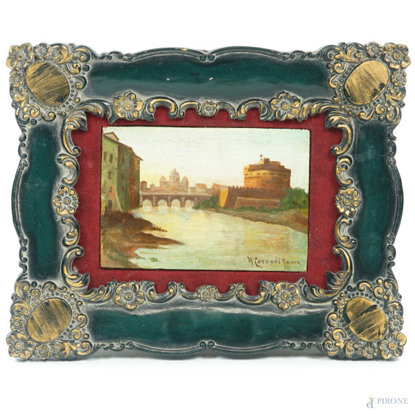 Veduta di Castel Sant'Angelo, olio su tavoletta, cm 9,5x13,5, firmato, entro cornice. (Difetti)