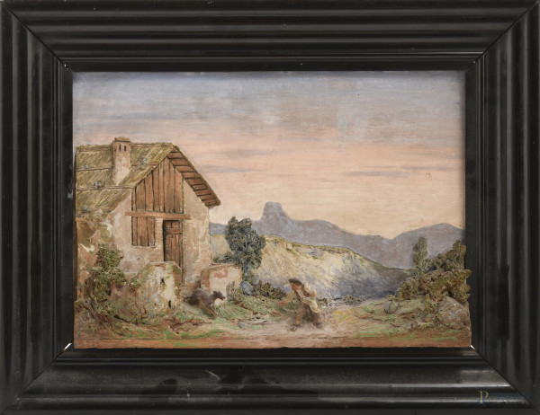 Scena Campestre, XX secolo, rilievo in terracotta dipinta, cm  27,5x39, entro cornice, (lievi segni di usura)