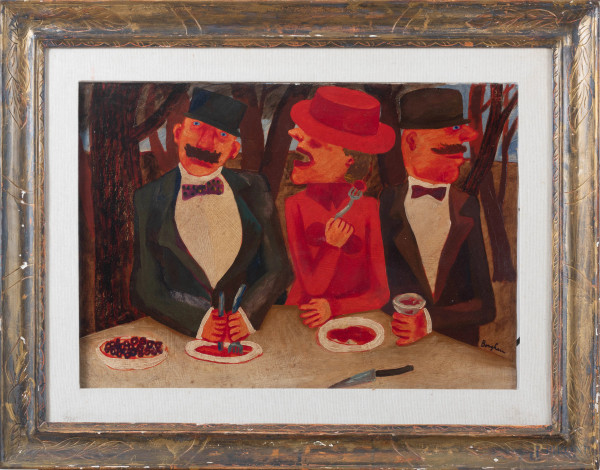 Colazione in villa, olio su tela, cm 50x70, firmato in basso a destra, titolato e firmato al retro, entro cornice, (segni di usura, difetti)