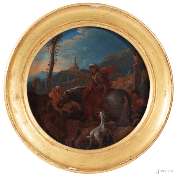Scena bucolica, XVIII-XIX secolo, olio su tavola a serto circolare, diametro cm 21,5, entro cornice, (lievi segni di usura)