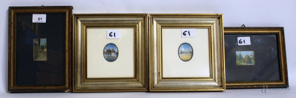 Lotto di due miniature dipinte ad assetto ovale su avorio a soggetti di palazzi reali 5x4 cm, e due su tavola a soggetti di paesaggi 4x6 cm, entro cornici.