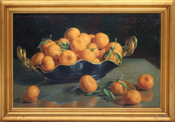 Arturo Barazzutti - Natura morta con cesta e mandarini, olio su tela, cm 50x75, datato 1952, entro cornice.