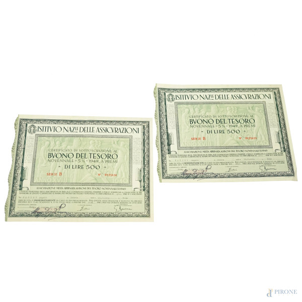 Lotto composto da due certificati di sottoscrizione novennale ai Buoni del Tesoro, L. 500, 1949