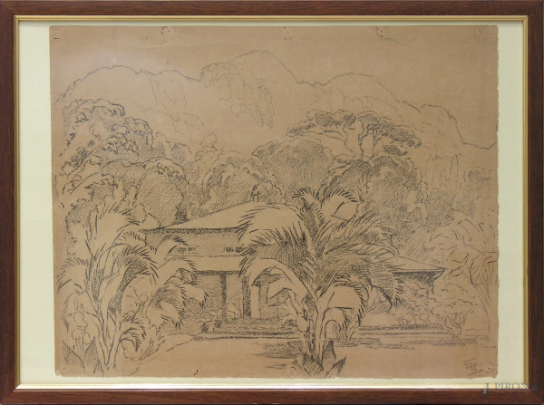 Maestro della fine del XIX secolo, Giardino con palme e casale, carboncino su carta, cm 42x33, siglato in basso a destra, iscrizioni al retro, con cornice, provenienza collezione romana