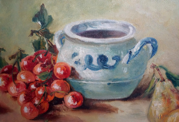 Coppia di nature morte, olio su tela applicata su cartone, firmati e datati "919" in basso a dest...