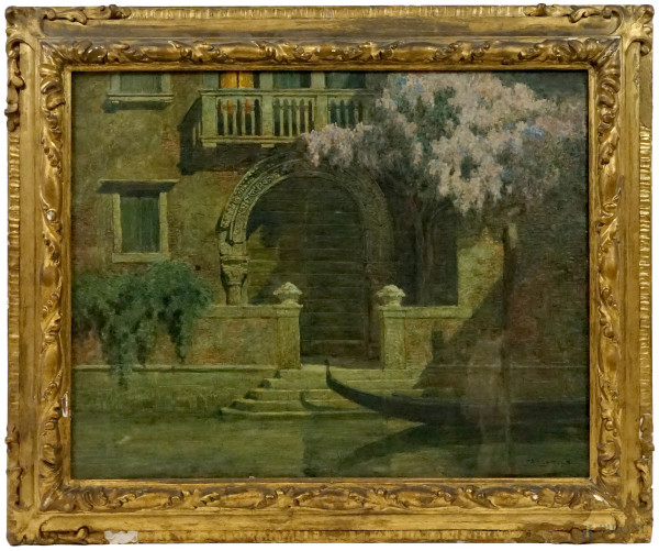 Rodolfo Paoletti - Balconcino, gondola e glicine, olio su tela, cm 60x80 circa, entro cornice