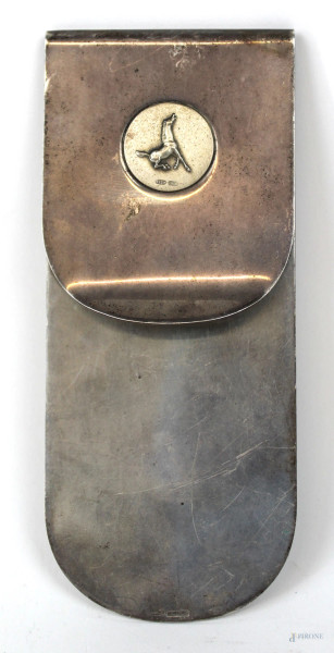 Fermacarte in argento 925, cm 14,5x6, gr.130, (lievi difetti).