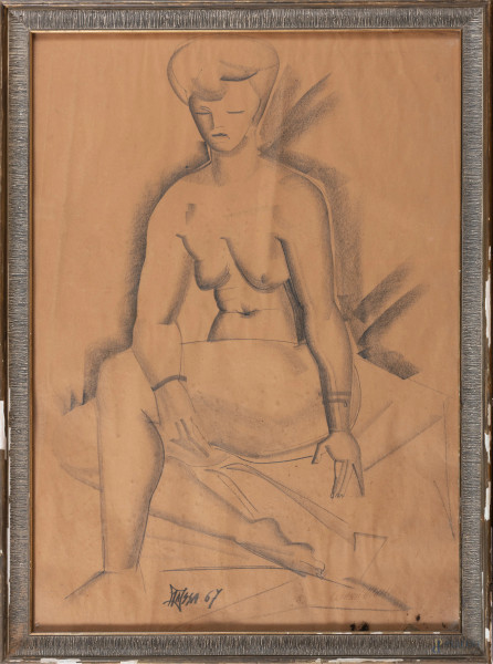 Nudo femminile, XX secolo, disegno su carta, cm 68x48, firmato e datato in basso a sinistra, entro cornice, (segni di usura, tracce di umidità, increspature della carta, difetti)