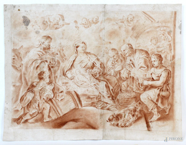 Adorazione dei pastori, sanguigna su carta, cm. 40x51,5, (difetti sulla carta)