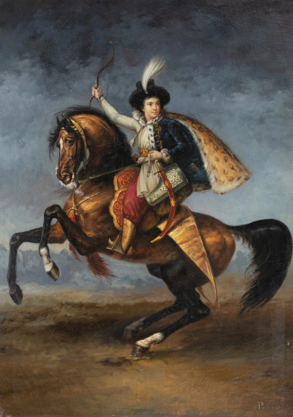 Ritratto di Boris Ysupov, copia da Antoine Jean Gros, XX secolo, stampa ritoccata su tela, cm 100,5x70, (difetti)