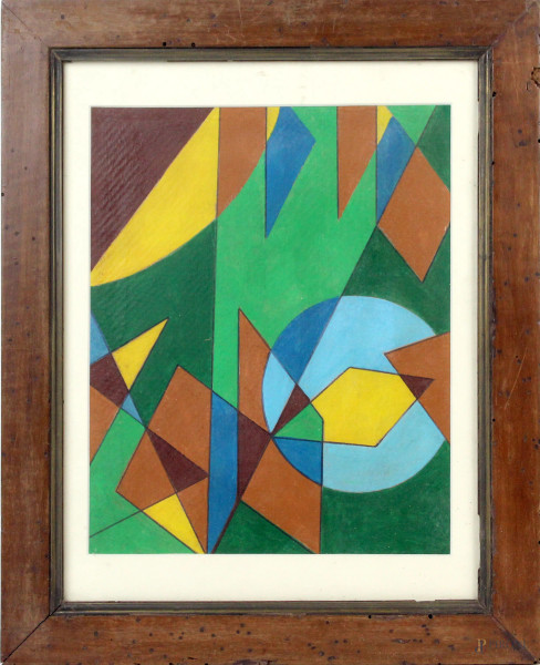 Composizione geometrica, olio su cartoncino, cm. 24x19, recante timbro al retro, XX secolo, entro cornice.