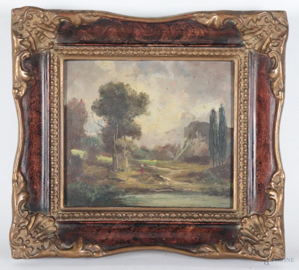 Paesaggio con alberi e ponte, XX secolo, olio su faesite, cm 12x14, entro cornice