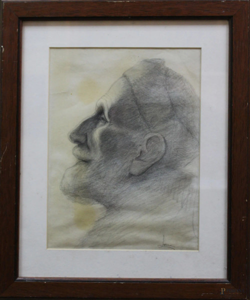 Ritratto d&#39;anziano, disegno su carta 21x28 cm, entro cornice firmato.