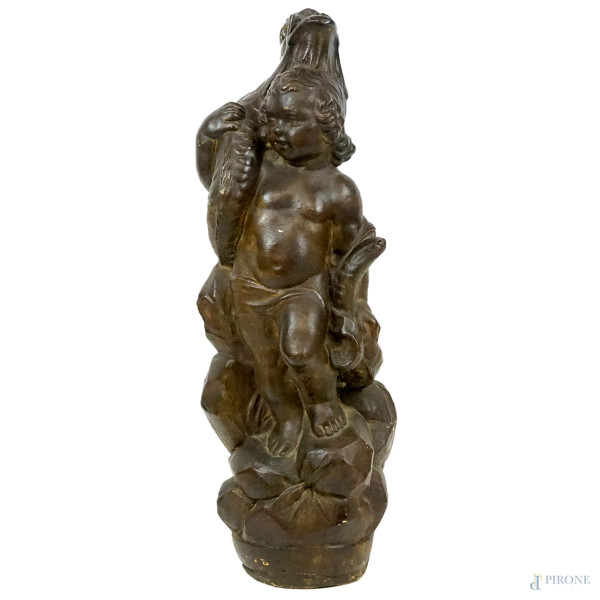 Putto con delfino, scultura in pasta cementizia, XX secolo, cm h 60, (difetti)