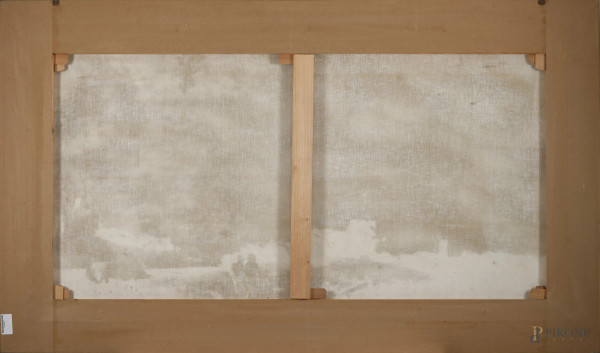 Paesaggio con pastori e armenti, olio su tela, XX secolo, cm 81x150, entro cornice, (piccola lace...