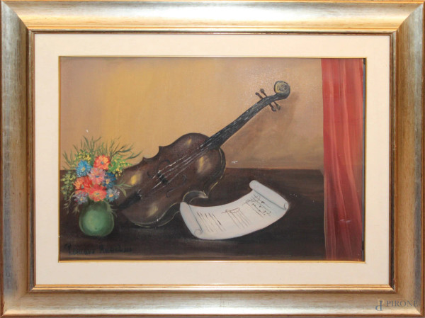 Romano Mussolini - Violino con fiori, olio su tela, cm 50 x 70, entro cornice.