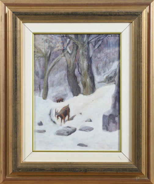 Capre nel bosco innevato, XX secolo, cm 40,5x30, firmato in alto a destra, entro cornice, (cartone imbarcato, segni di usura)