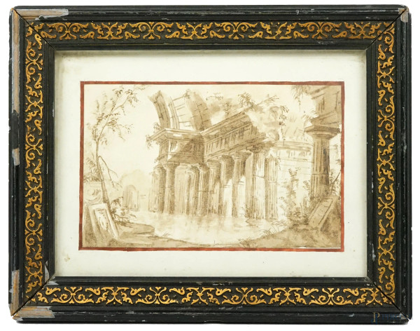 Capriccio architettonico con rovine, acquarello su carta, cm 11x18, XIX secolo, entro cornice.