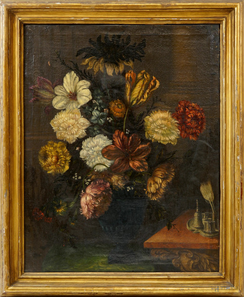 Natura morta con vaso di fiori, olio su tela, seconda metà del XVIII secolo, cm 93.5x74, entro cornice